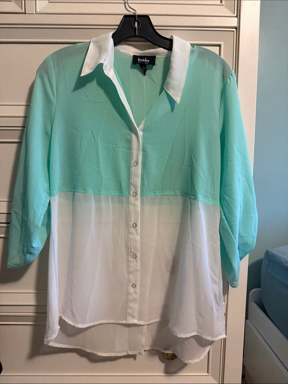 by & by Mint Green and White Colorblock Sheer Button-Up Blouse